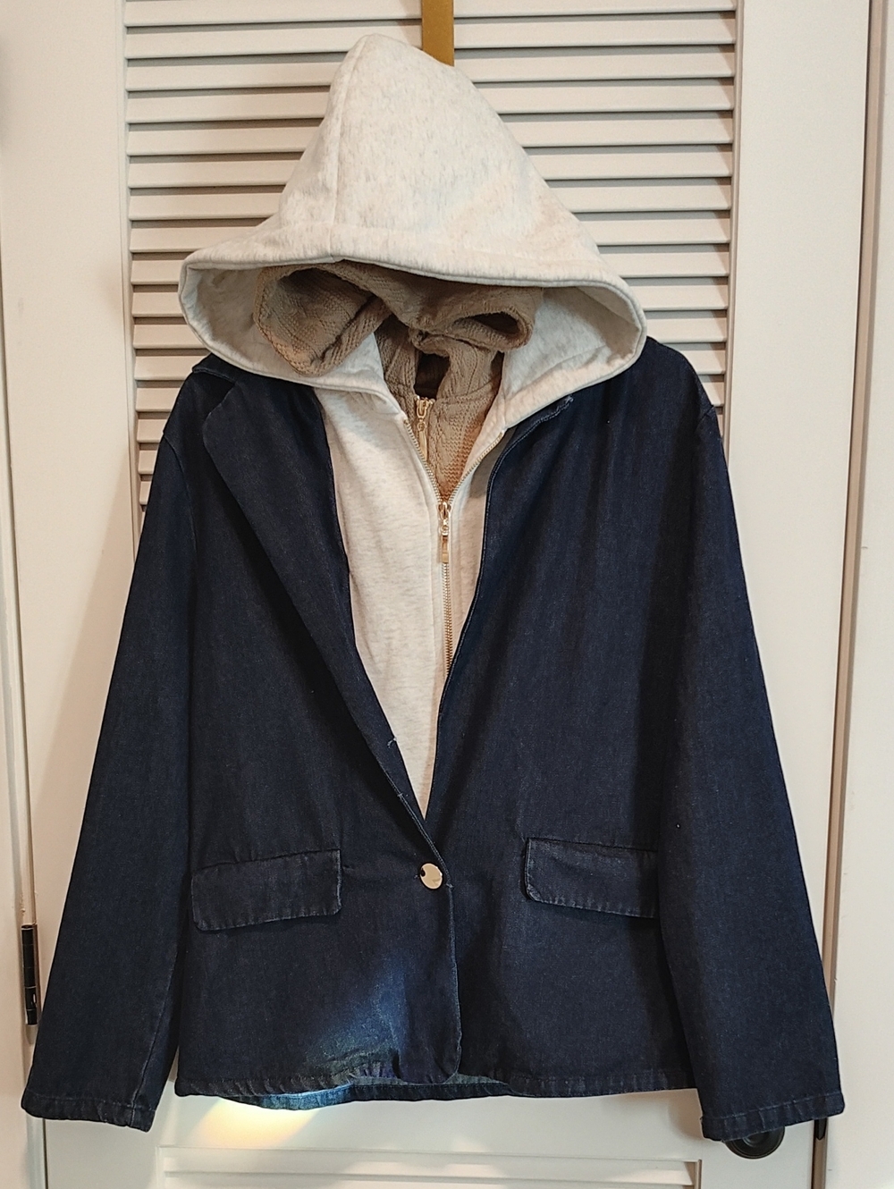 Alice Blue Navy Denim Blazer with Light Gray Hooded Liner